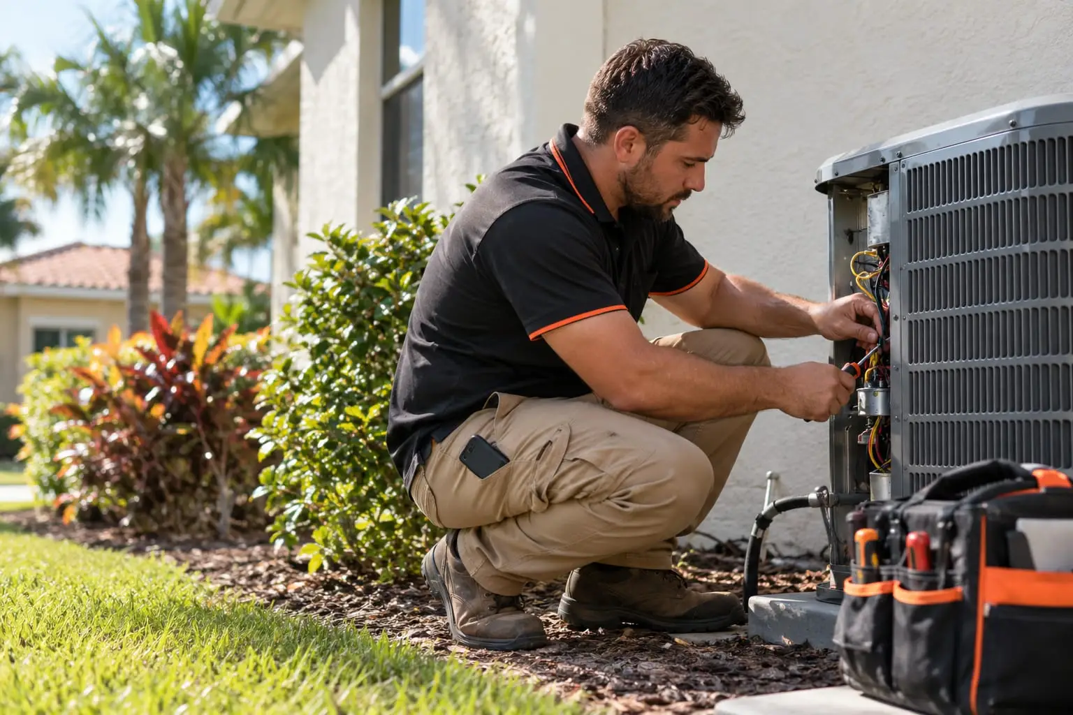 HVAC technician crouched beside an outdoor AC unit, working on its wiring, with his phone in his pocket
